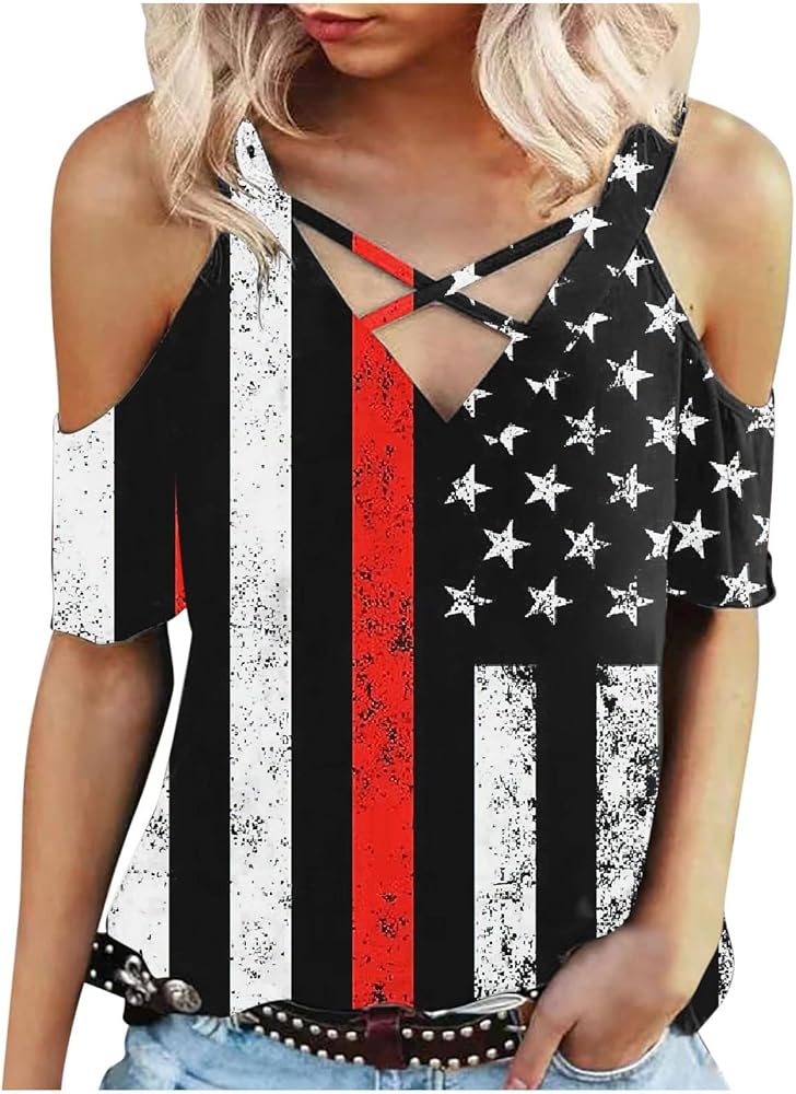 Amazon.com: 4th of July Tops for Women Strappy Cold Shoulder Shirts Short Sleeve Tees T-Shirt Independence Day Tunic Blouses : Clothing, Shoes &